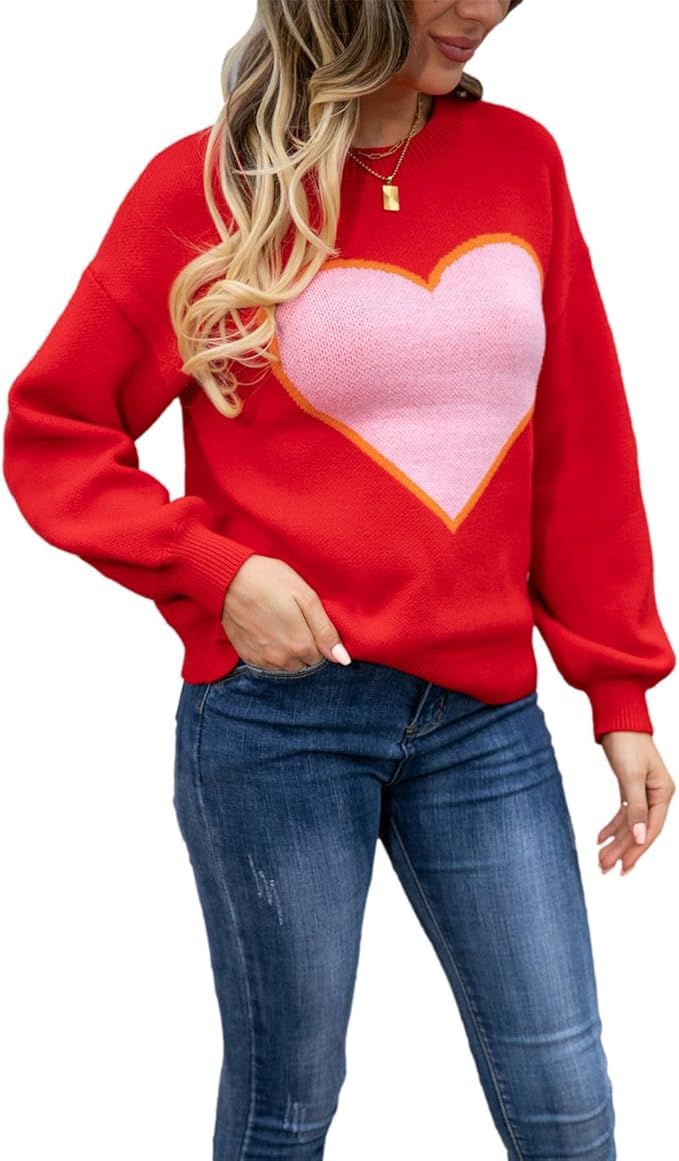 aromm Women's Pullover Sweaters Crewneck Long Sleeve Heart Print Knitwear | Amazon (US)