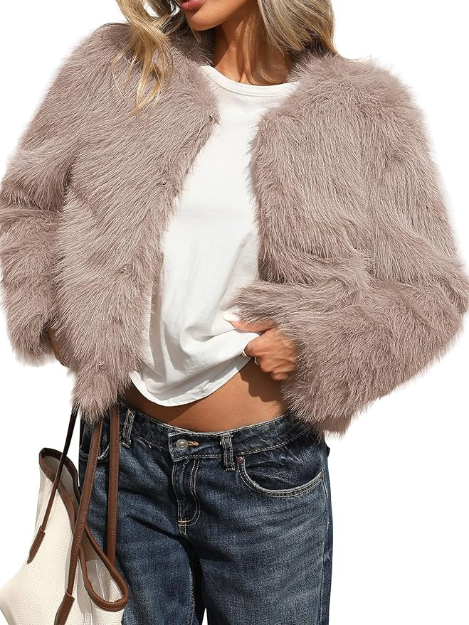 ELLEVEN Women’s Fluffy Faux Fur Cropped Coat – Soft Warm Fashion Winter Jacket with Hooks & P... | Amazon (US)