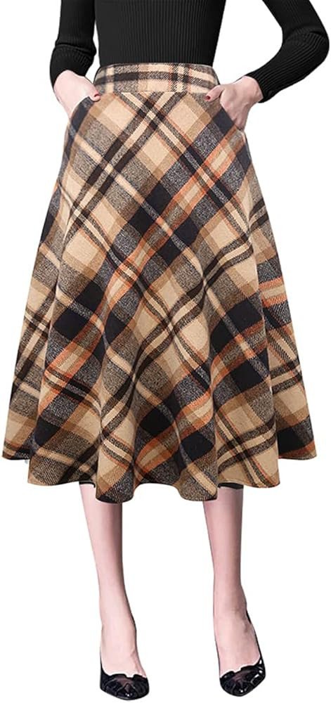 IDEALSANXUN Plaid Skirts for Womens Fall Winter High Waist Aline Pleated Midi Skirts | Amazon (US)