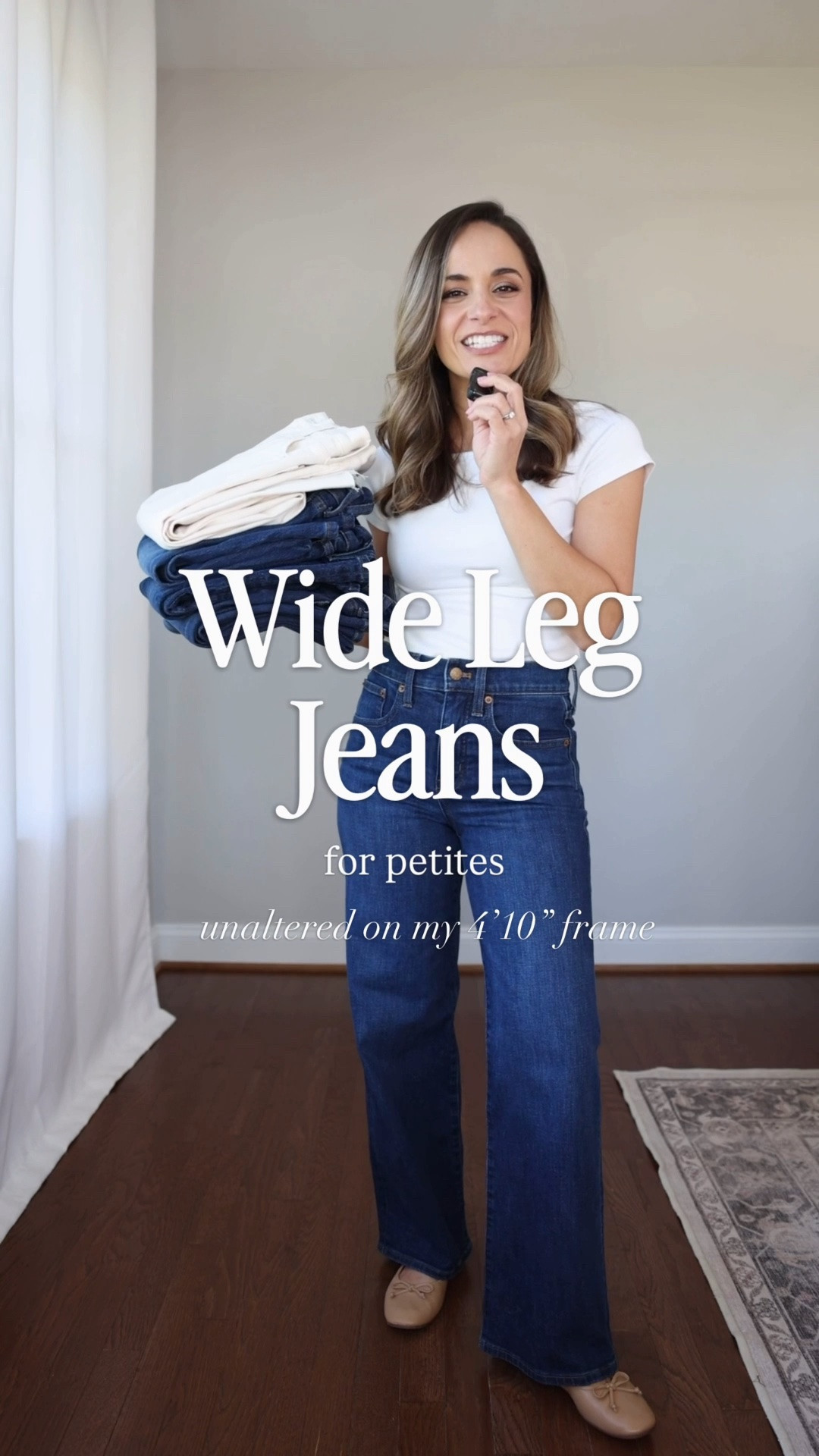 A look at the wide leg jeans I included in the capsule, plus a few other options. 

J.Crew Factory Classic Wide Leg: petite 24 / 10” rise / 28” inseam 
Madewell PV Wide Leg: petite 24 / 10 3/8” rise / 28” inseam
Madewell PV Crop Wide Leg: classic 24 / 10 3/4” rise / 27” inseam (petite 10 3/8” rise / 25” inseam) 
Bella Wide: 24 short in midnight blue / 10.5” rise (starting at 10” in smaller sizes) / 28” inseam 
Bella Relaxed Straight 24 short in stormy blue / 10.5” rise (starting at 10” in smaller sizes) / 28” inseam / extra short has a 26” inseam 

Top: xs

For size comparison, I’m 4’10” 105lbs. My measurements are 32”, 24”, 36”. I typically wear petite xxs/00/24 and have a 25” ankle inseam and a 27.5-28” full length inseam.

#LTKPetite