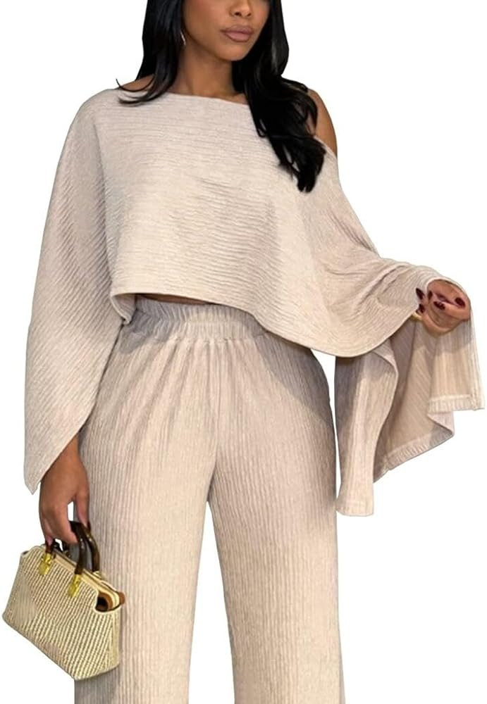 THLAI Womens Fall Outfits 2 Piece Boat Neck Long Split Sleeve Loose Fit Crop Top and Wide Leg Pan... | Amazon (US)