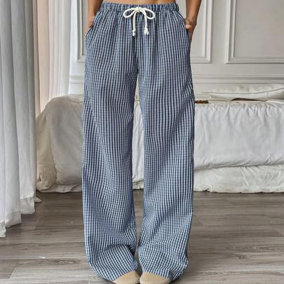 Women's Blue & White Plaid Low Waist Drawstring Tie Waist Straight Pockets Wide Leg Loose Pants, Simple Casual Everyday Versatile Design, Spring & Sum | SHEIN