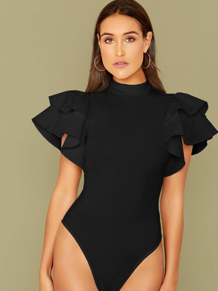 SHEIN Mock-neck Layered Exaggerate Butterfly Sleeve Fitted Bodysuit | SHEIN