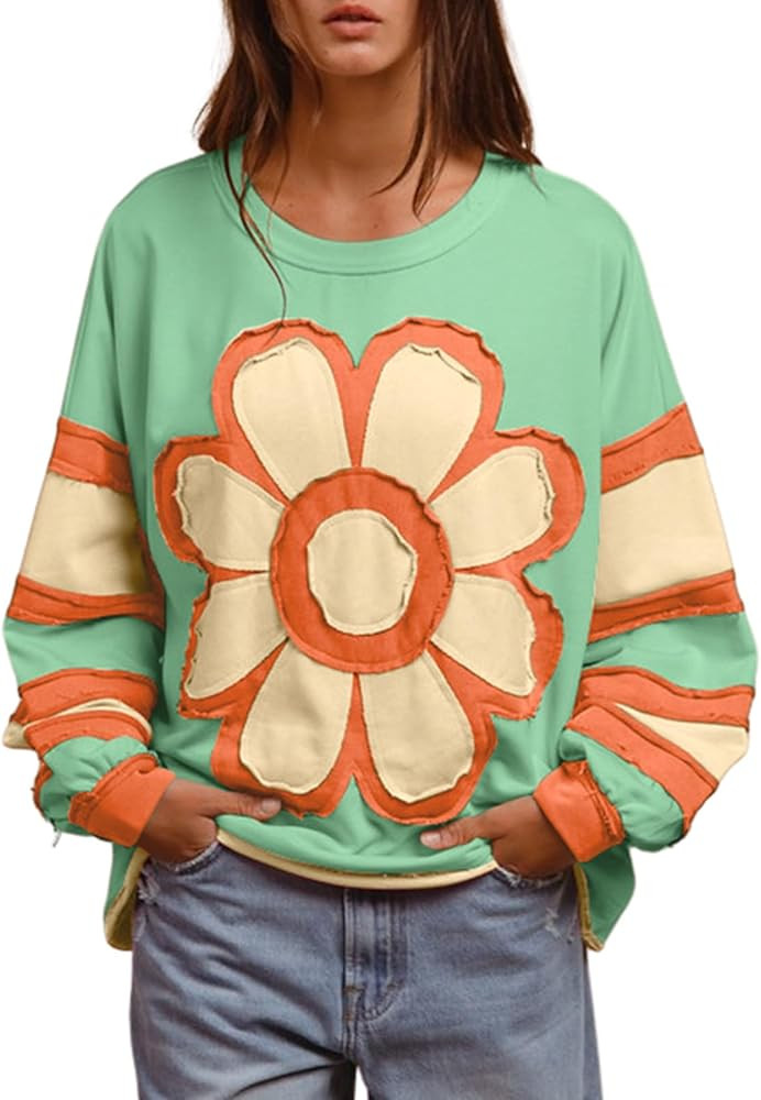 Women's Floral Embroidery Splicing Sweatshirt Long Sleeve Crew Neck Loose Fit Oversized Pullover ... | Amazon (US)