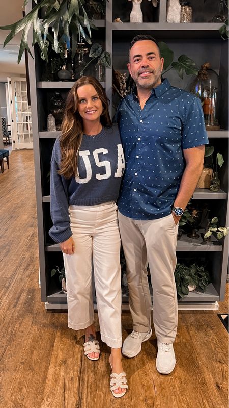 Outfit idea for patriotic holidays for him and her! Ben LOVES these shoes. They are the perfect blend of casual and dressy ish. I am wearing a Medium sweater, it’s cropped. The spanx pants have a built in tummy control. 

#LTKSeasonal #LTKmens #LTKunder50