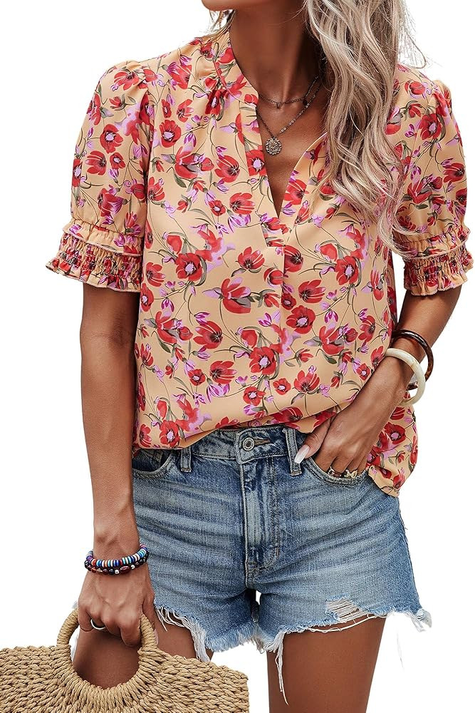 Angashion Womens Tops, Summer Casual Short Sleeve V Neck Solid Flowy Top Loose Tunic Blouses Shir... | Amazon (US)
