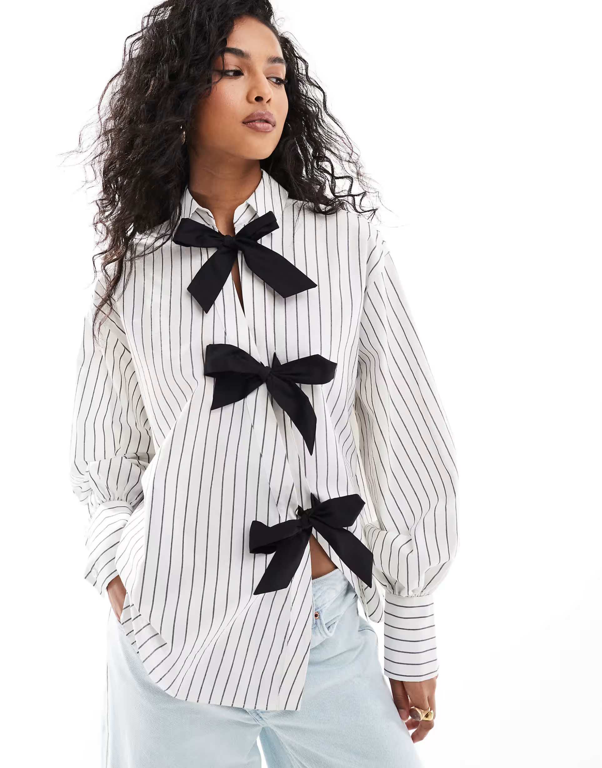 ASOS DESIGN bow detail shirt in black & white stripe | ASOS (Global)