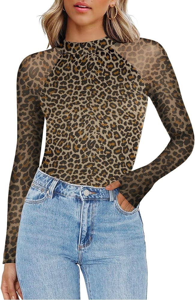 Zeagoo Long Sleeve Shirts for Women Floral Mesh Sheer Top Mock Neck Double Lined Fitted Going Out... | Amazon (US)