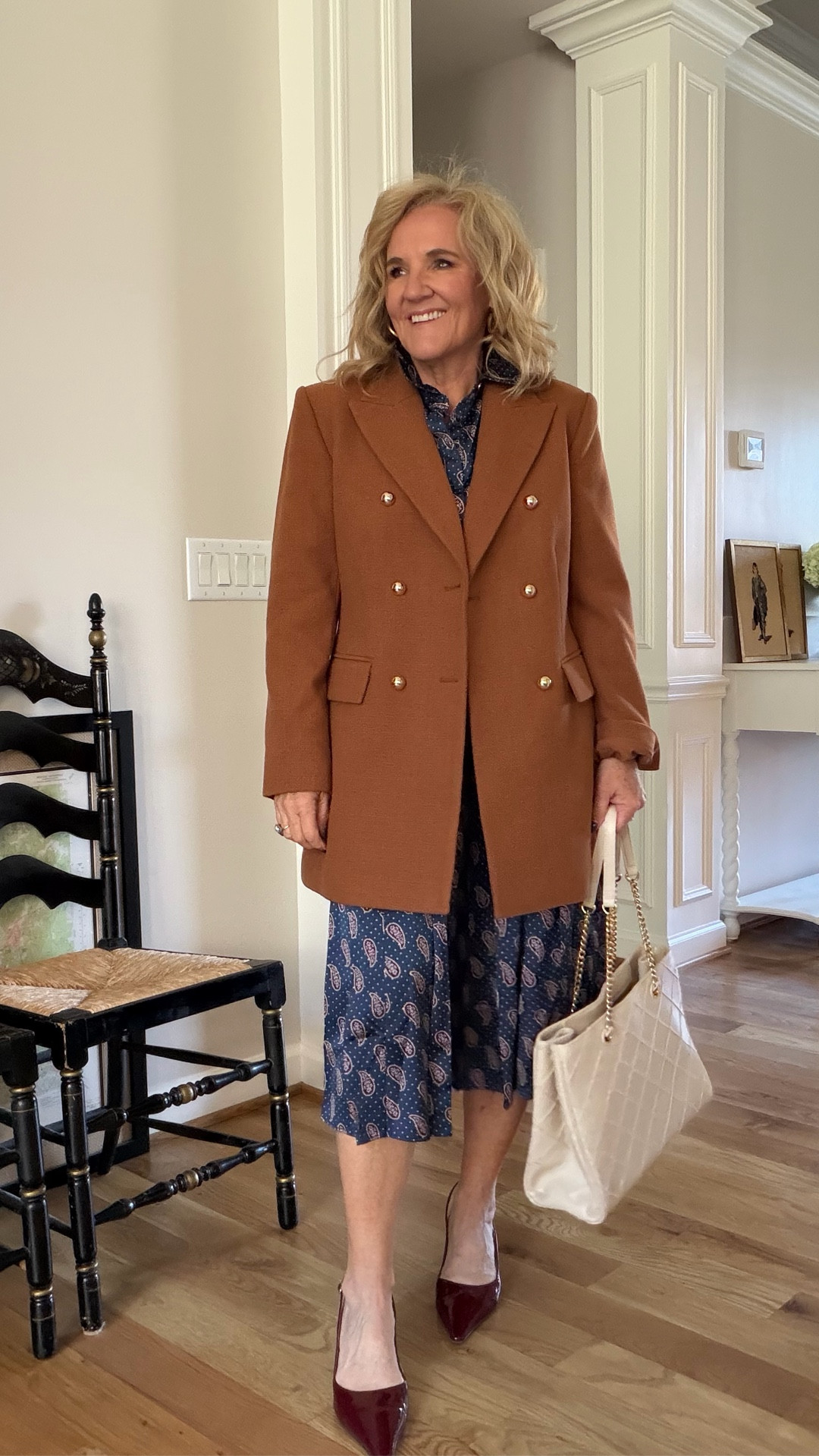 5 office outfits many of these pieces have great sales going on! 
Tweed blazer size 12 
Green trousers size small
Pinstripe ruffle blouse size small
Dress size 8 petite (right in between petite and reg)
Camel coat size 10 petite 
Spanx micro flare size large petite 
White blouse size med
Cardigan size large 
Pinstripe pants size 8 (I need a 10)
Navy blazer 10 petite 
Red Cashmere sweater size large (medium prob better) 
Sweater vest medium petite 
Striped blouse size medium 
Paige anessa jeans size 29 
JCREW boots size up 1/2 
Slingbacks size up 1/2 

#LTKWorkwear #LTKSaleAlert #LTKOver40