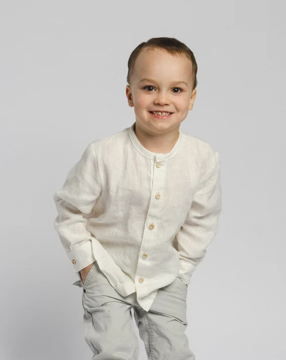 Linen long sleeves white shirt with natural buttons for boys | Etsy | Etsy (US)