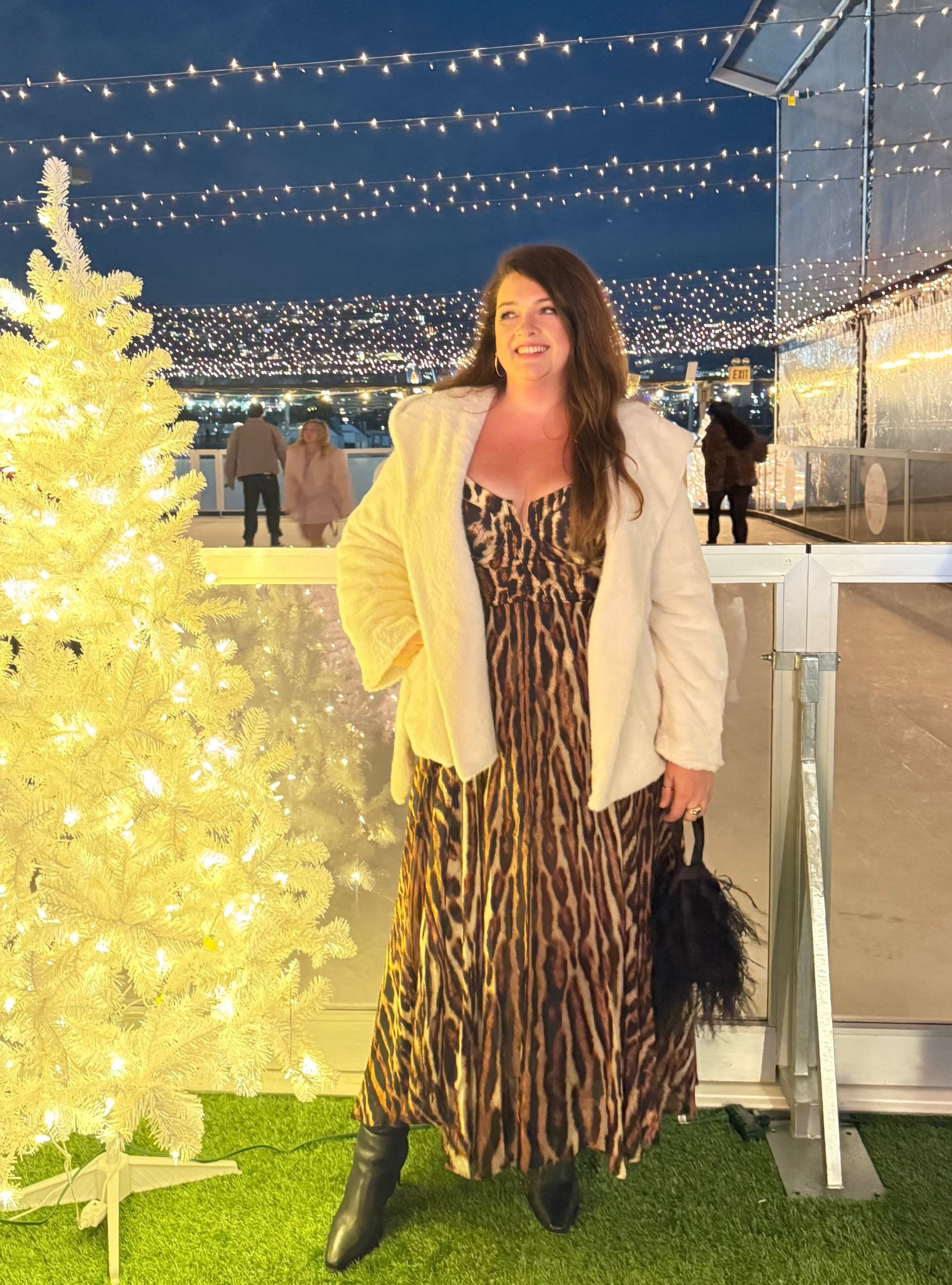 Holiday outfit idea for plus size and midsize. White fur coat, leopard print corset maxi dress true to size. Wide calf boots. 

#LTKHoliday #LTKPlusSize #LTKTall
