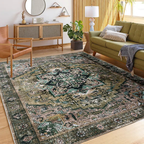 Persian-Style Machine Washable Area Rug with Non-Slip Backing – Green Floral | Wayfair North America
