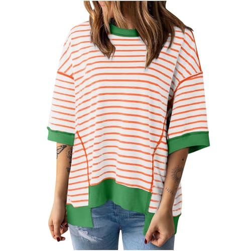 free people Oversized Tshirts for Women Casual Half Sleeve Summer Tops Workout Striped Shirt Loose Fit Crewneck Sweatshirt Orange | Amazon (US)