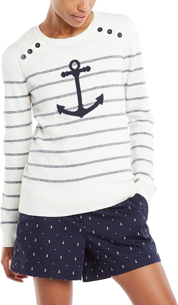 Nautica Women's Voyage Long Sleeve 100% Cotton Striped Crewneck Sweater | Amazon (US)