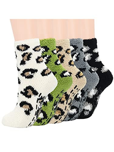 Century Star Anti Slip Athletic Plush Slipper Grip Soft Socks Women Yoga Pilates Soft Warm Cozy Socks For Christmas 5 Pairs Leopard One Size | Amazon (US)