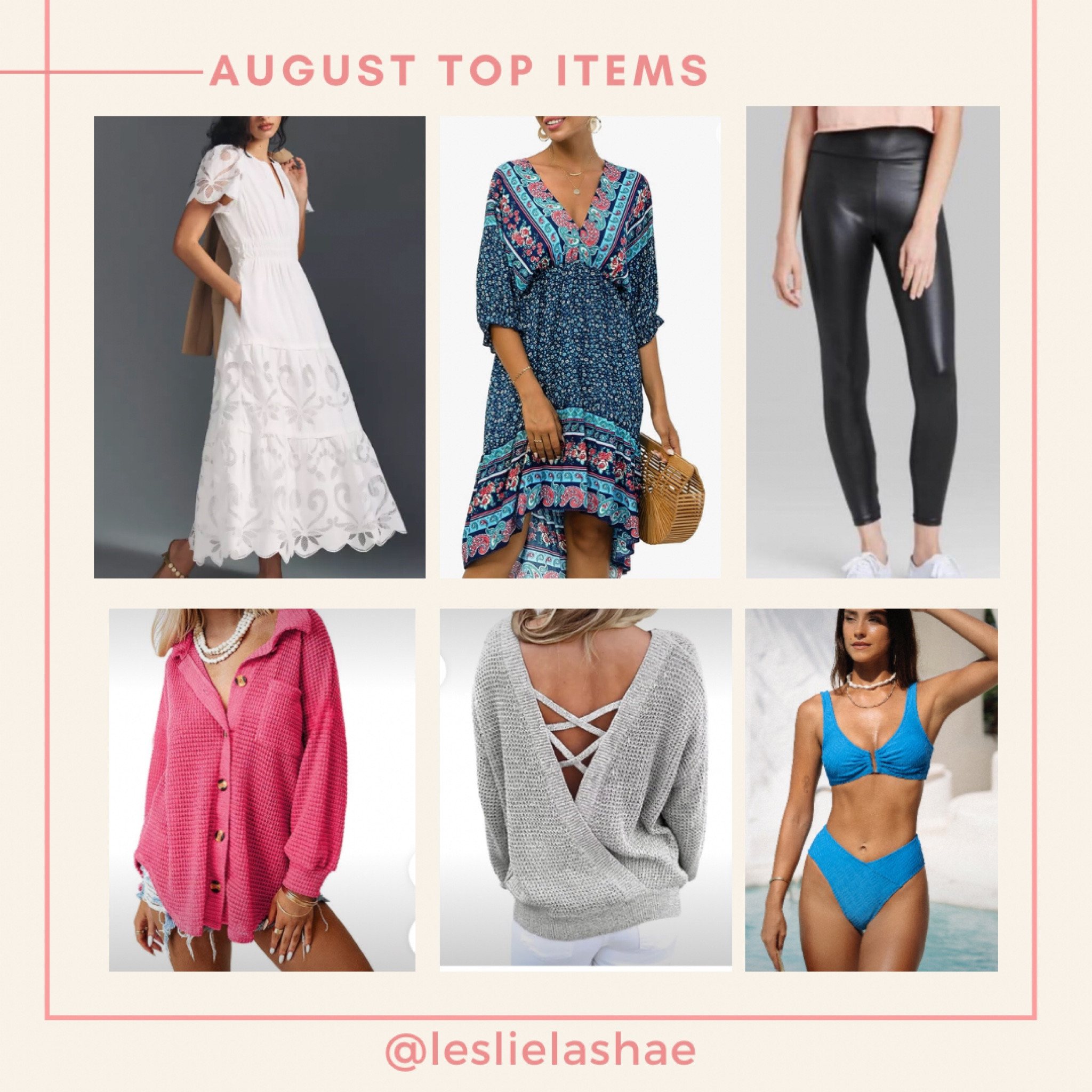 August top items. Thanks for supporting our LTK shop 💕 

Most of these items comes in other Fall colors 🍁

Anthropologie lace dress 
Navy fall dress
Faux leather leggings 
Waffle Shacket
Criss cross back sweater
Blue bikini


Fall outfit
Fall dress
Fall sweater
Amazon finds
Casual outfit
Work outfit




 


#LTKunder100 #LTKSeasonal #LTKSale