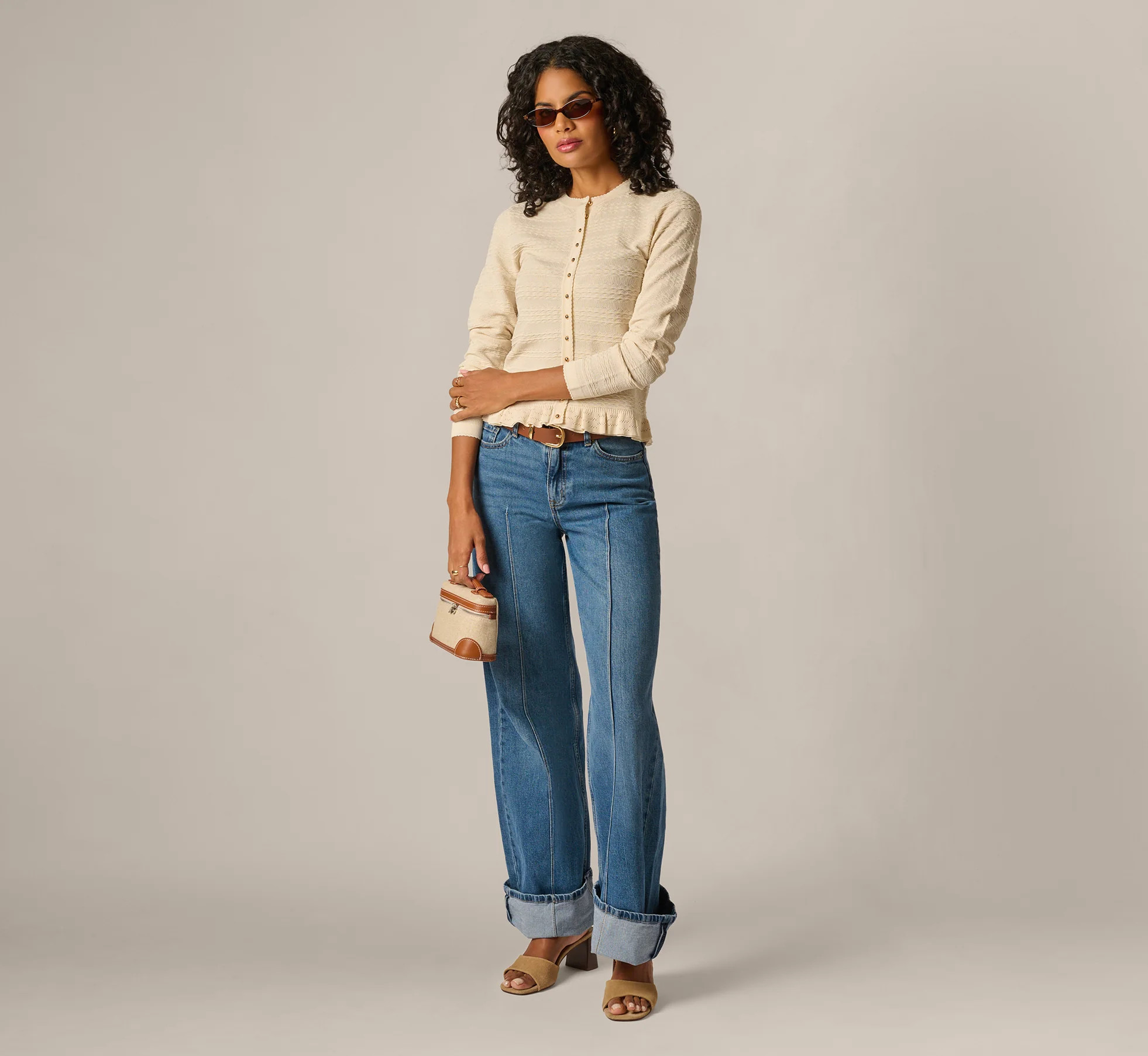 Ruffle Hem Cable Knit Cardigan Sweater In Cream | Adrianna Papell