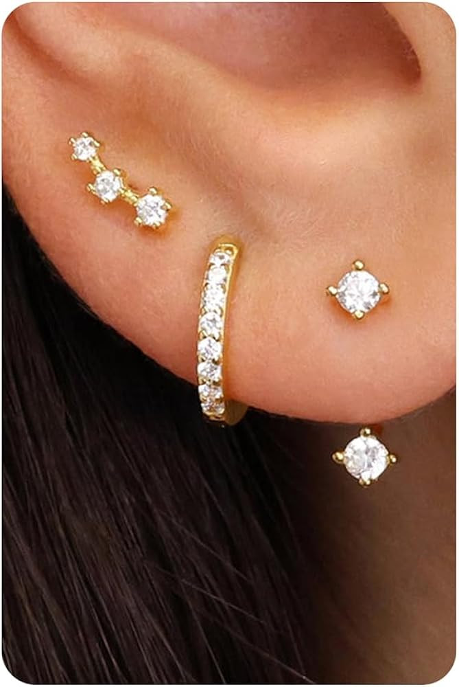14K Gold Plated Sterling Silver Post | Dainty Earrings Set for Women: Stud Earrings, Drop Dangle ... | Amazon (US)
