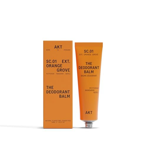 AKT, THE DEODORANT BALM. Award winning, multi-use, natural deodorant. Plastic Free. Gender Free. Aluminium Free. 100% effective — 1 tube lasts up to 3 months. SC.01 ORANGE GROVE. 50ml | Amazon (UK)