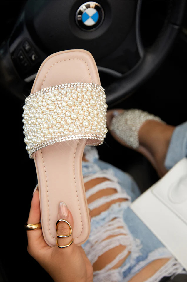 Miss Lola | Nude Faux Pearl Slip On Sandals | MISS LOLA