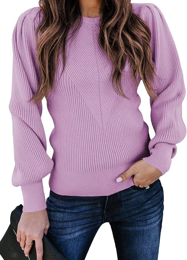 Dokotoo Womens Ribbed Knit Long Lantern Sleeves Sweater Crewneck Casual Slim Fit Pullover Jumper ... | Amazon (US)