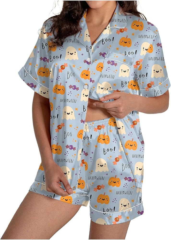 Halloween Pajamas Women 2Pc Sets Ghost Graphic Silk Satin Cute Sleepwear Button Down Short Sleeve... | Amazon (US)