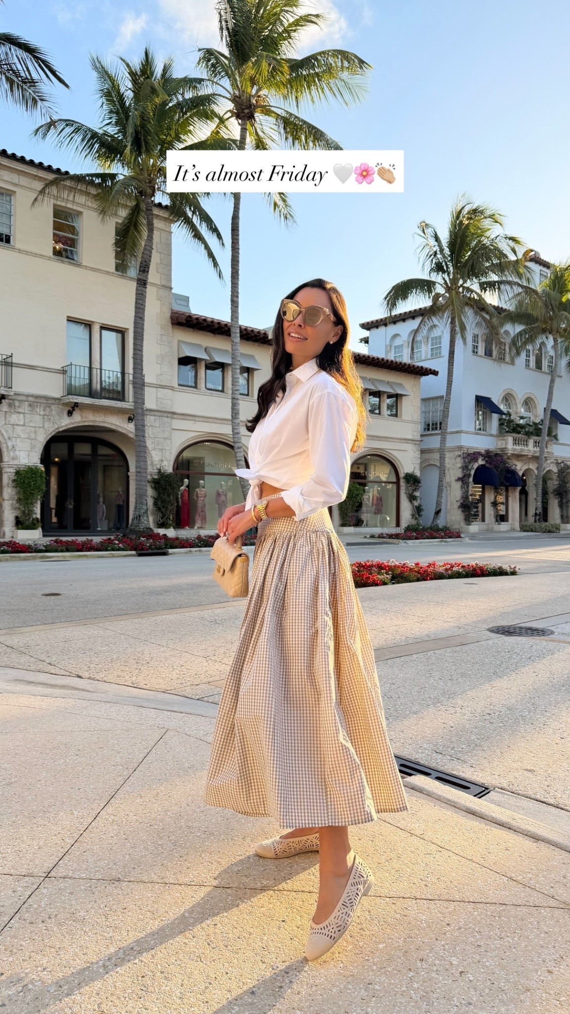 Palm Beach outfit, gingham skirt, midi skirt, Chanel ballet flats, white button down shirt. 

#LTKSeasonal #LTKTravel #LTKootd