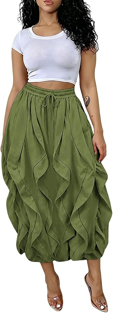 knowfashionstyle Cargo Skirts for Women Baggy Loose Fit Boho Bubble Maxi Skirt Drawstring Ruched ... | Amazon (US)