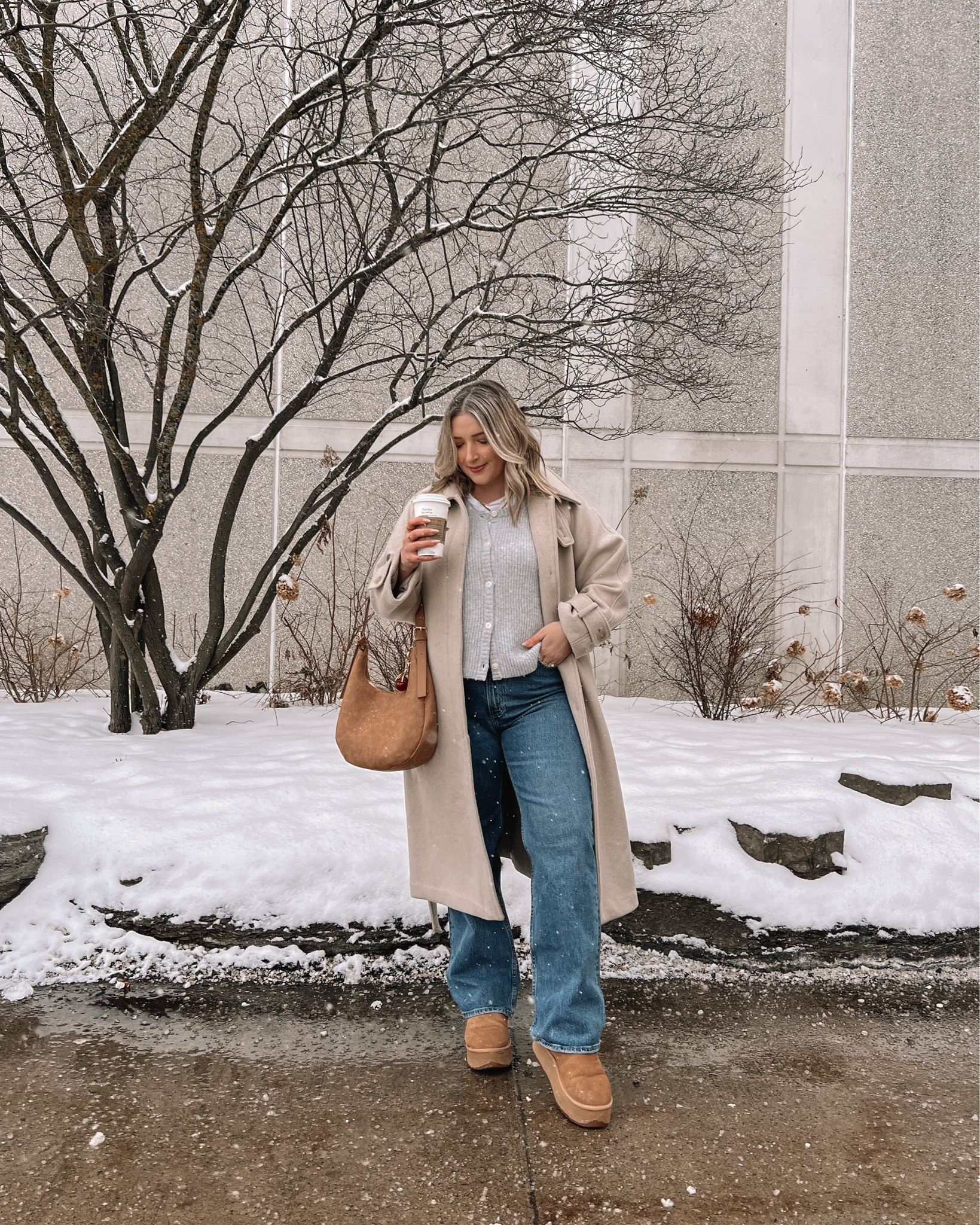 Casual midsize winter outfit - the softest grey cardigan (TTS, L), basic white layering tee (L), my fave Abercrombie jeans (TTS, 32, color is “Dark with Back Distressed Hem”). My coat is old from Abercrombie, but linked similar from this season. My Ugg ultra mini look for less boots are holding up so well and fit TTS. Linked my cherry bag charm and similar brown shoulder bags 

#LTKmidsize #LTKwinter #LTKstyletip