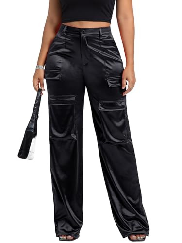 Aressdom Shiny Pants for Women Metallic Satin Cargo High Waisted Loose Birthday Outfits, Club, Brunch, Black, M | Amazon (US)