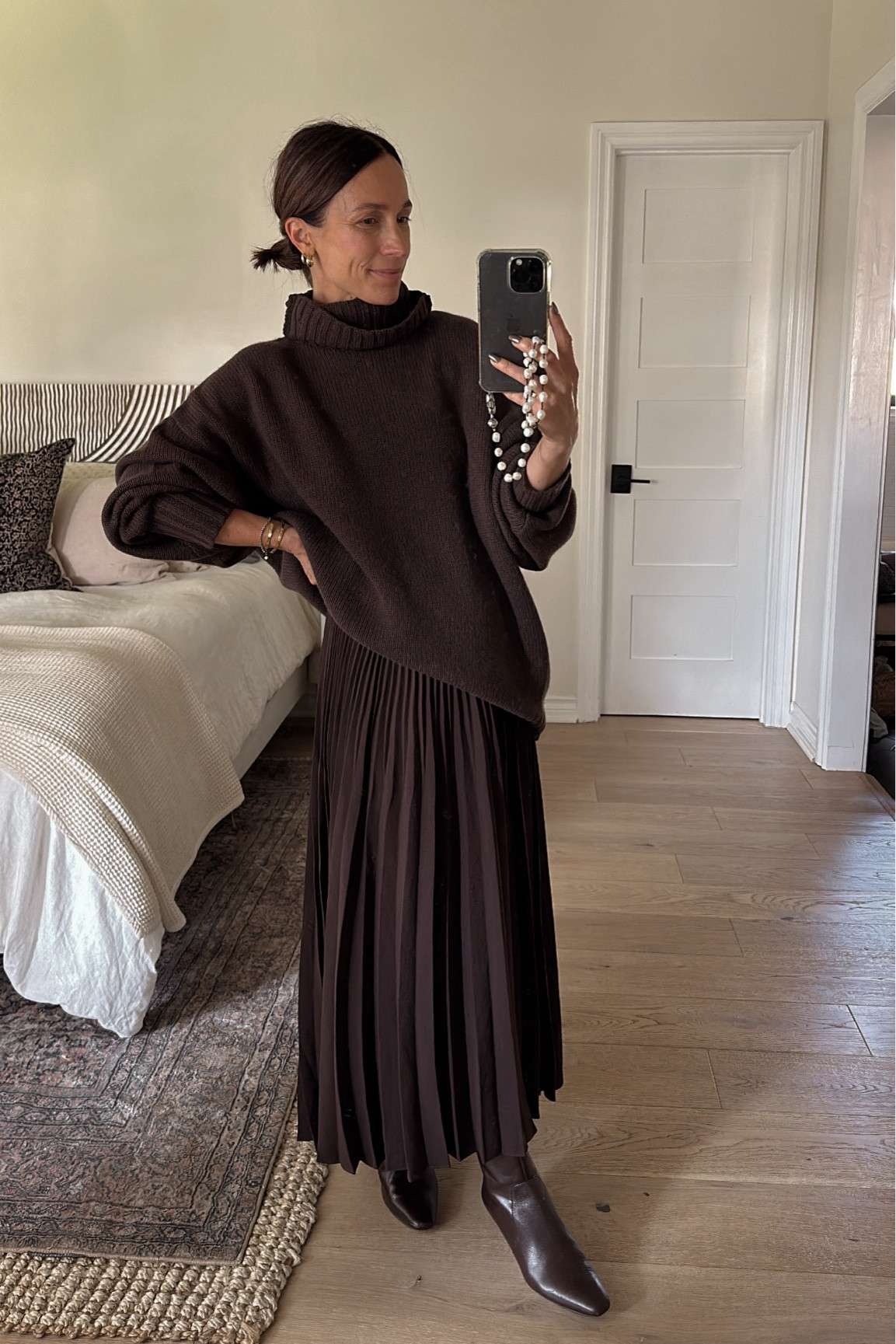 This elegant tonal fall look would be perfect for an elevated fall occasion. The cozy and fluffy cashmere sweater and pleated skirt are part of the @JenniKayne 20% off sale. Jenni Kayne pieces are so luxurious, timeless, and classic and easy to pair together or with other items you already own in your wardrobe. I purchased my first Jenni Kayne piece  back in 2020 and it's still in perfect condition and a piece I continue to wear today. #JenniKaynePartner 


#LTKOver40