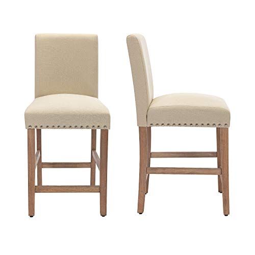 Set of 2 Bar Stools Nail Head Decoration 24 inch Soft Cushions with Solid Wood Legs(Beige) | Amazon (US)