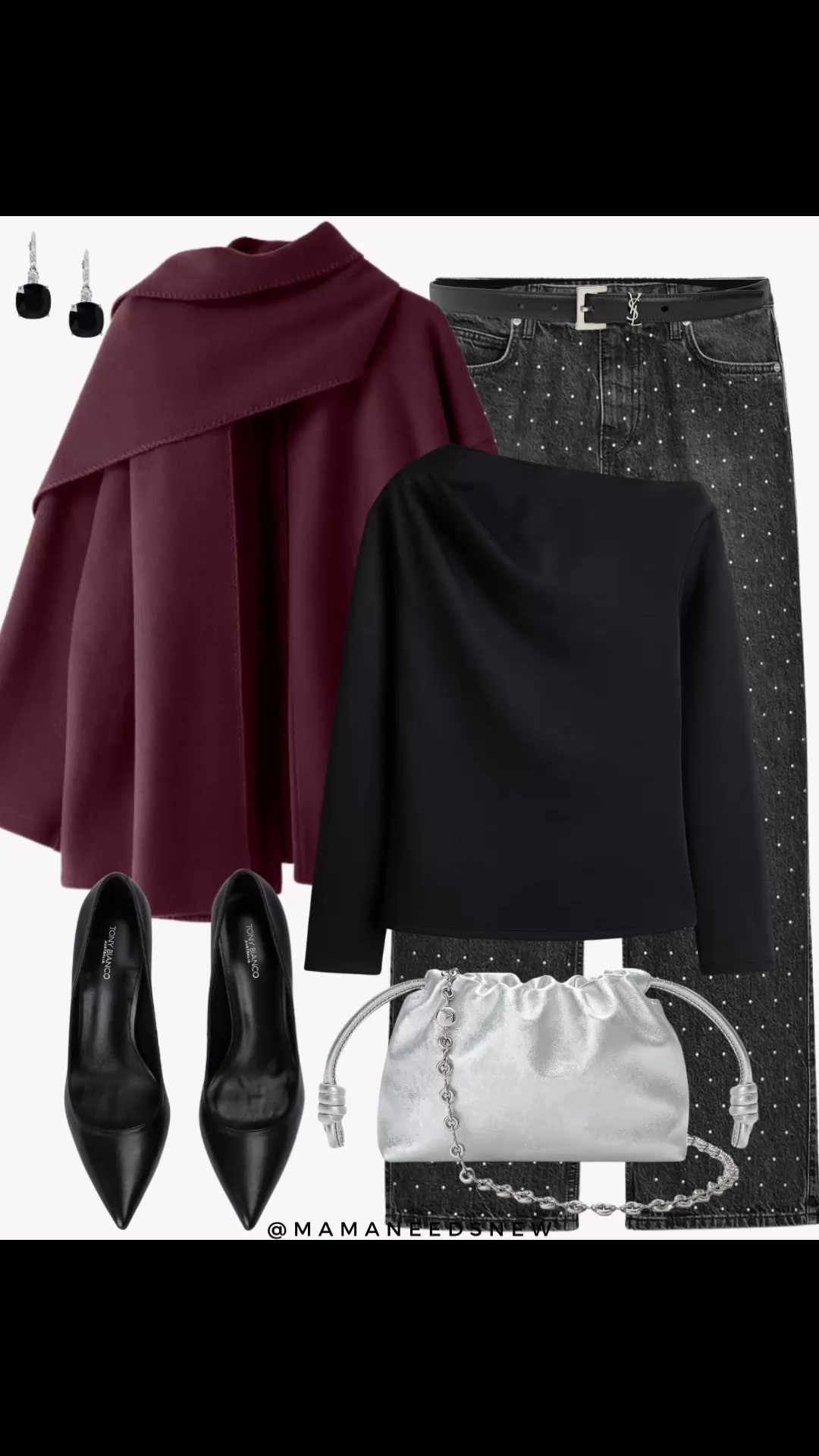 A holiday outfit with a scarf coat, asymmetric top, embellished jeans, metallic bag, heels 🖤✨

#LTKootd #LTKHoliday #LTKSaleAlert