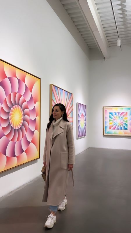 Kat Jamieson explores the Judy Chicago exhibit at the New Museum in NYC wearing a taupe winter coat, sneakers and jeans. Fall outfit, winter outfit, neutrals. 

#LTKSeasonal #LTKtravel #LTKshoecrush