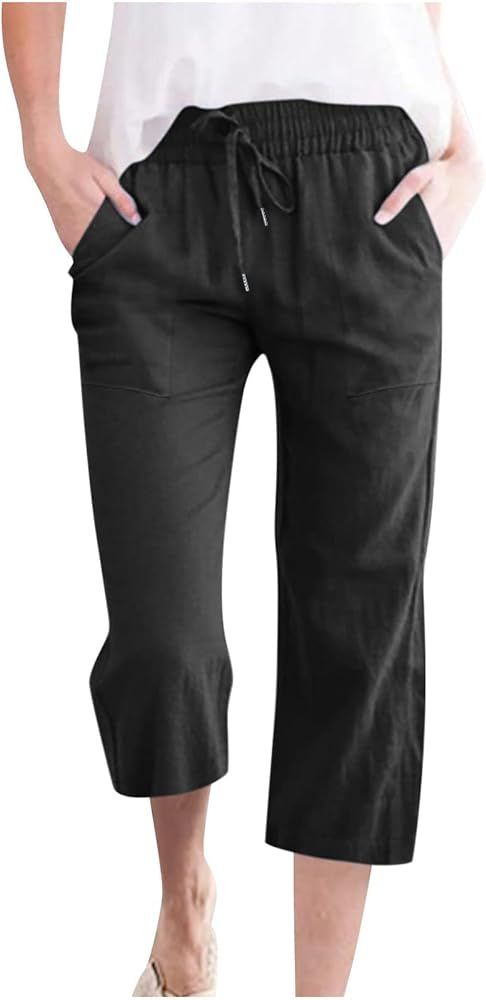 Capri Pants for Women Casual 2024 Summer Drawstring Elastic High Waist Linen Pants Straight Wide ... | Amazon (US)
