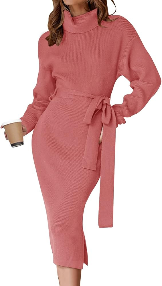 ZESICA Women's Turtleneck Sweater Midi Dress Long Sleeve Ribbed Knit Bodycon Slit Dress with Belt | Amazon (US)