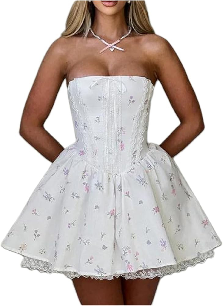 Women Short Sleeve Corset Mini Dress Backless Going Out Flowy Solid Color Fairy Cocktail Party Cl... | Amazon (US)