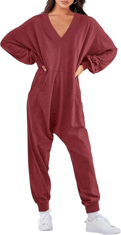 ANRABESS Women's Casual Loose Jumpsuits Long Sleeve V Neck Oversized Rompers Baggy Overalls Loung... | Amazon (US)