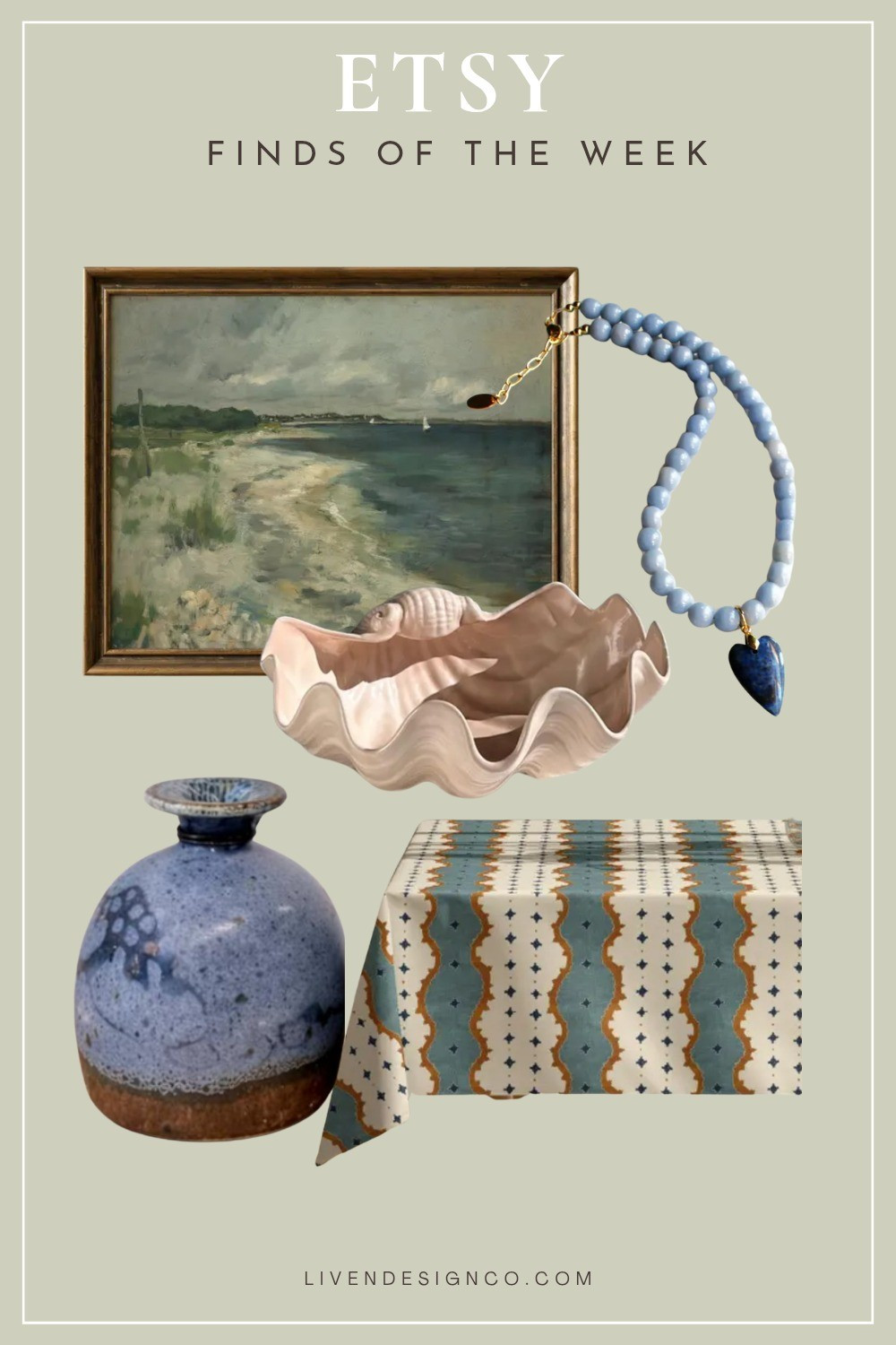 Etsy finds. Home decor. Beaded necklace. Statement necklace. Heart necklace. Shell bowl. Ceramic vintage vases. Seascape art print. Tablecloth

#LTKSaleAlert #LTKHome #LTKSeasonal