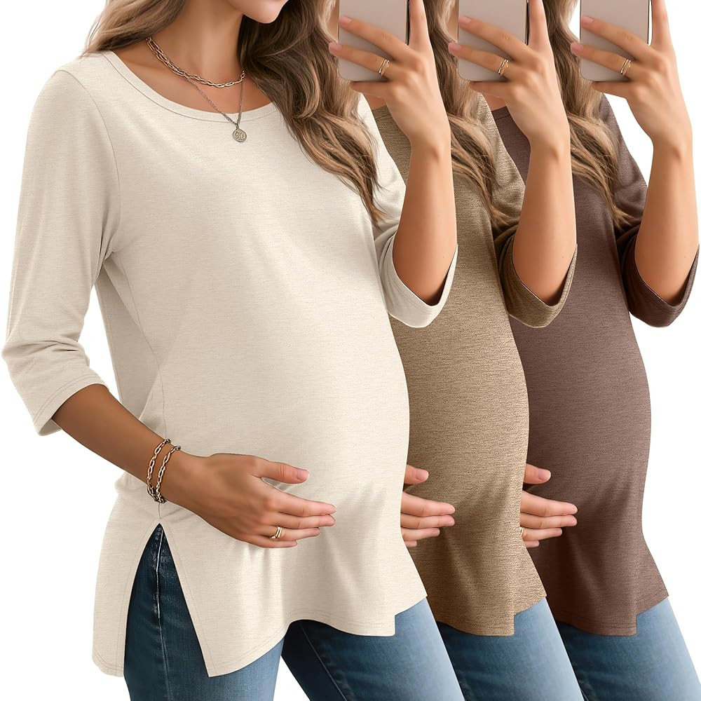 3 Pack Women's 3/4 Sleeve Maternity Shirts Elbow Length Clothes Round Neck Tunics Pregnancy Loose... | Amazon (US)