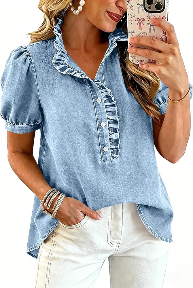 Denim Shirts for Women Summer Ruffle Puff Sleeve Jean Top Casual Button Down Jean Shirt Trendy Va... | Amazon (US)