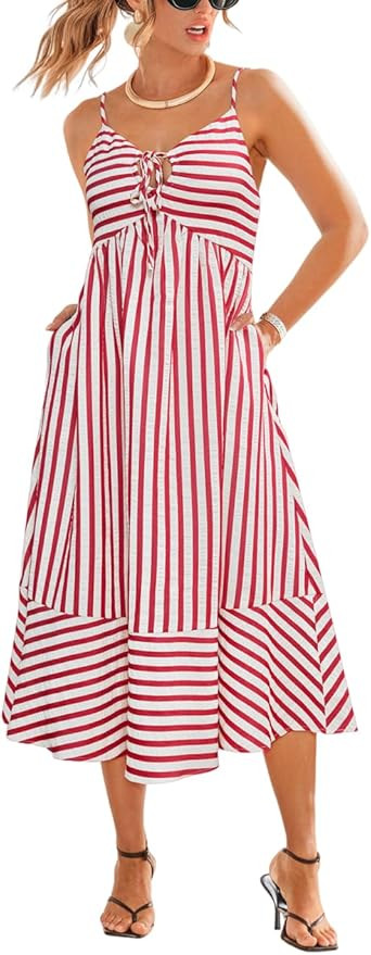 CUPSHE Women's Summer Dresses Striped V Neck Spaghetti Strap Sleeveless Tie Front Cutout Beach Ma... | Amazon (US)