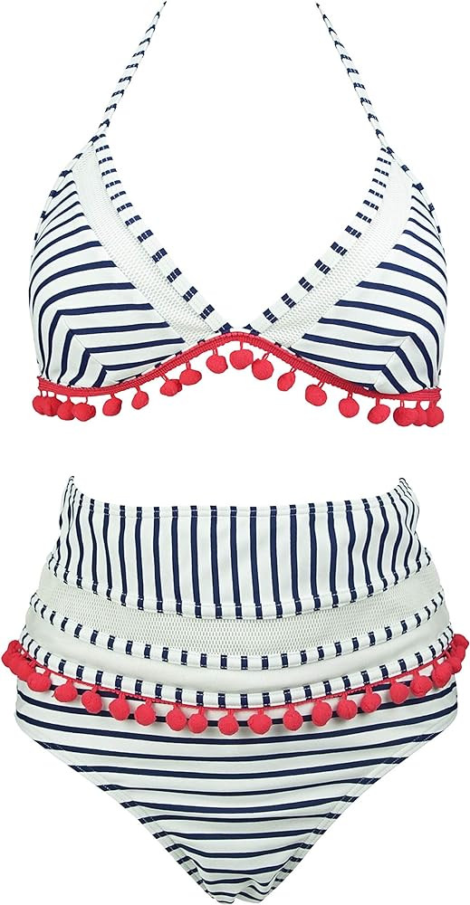 COCOSHIP Women's Mesh Striped High Waist Bikini Set Tassel Trim Top Halter Straps Swimsuit(FBA) | Amazon (US)
