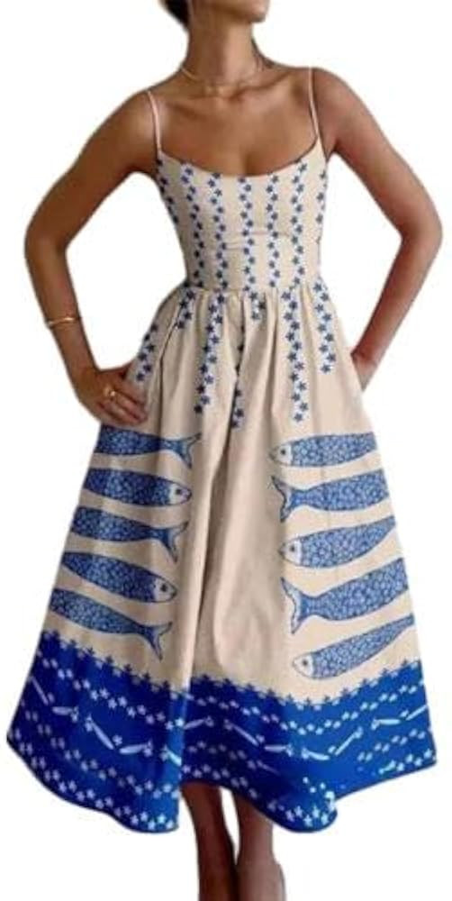 OSCORP Womens Spaghetti Strap Midi Dress A Line Flowy Summer Sundress Graphic Print Casual Beach ... | Amazon (US)