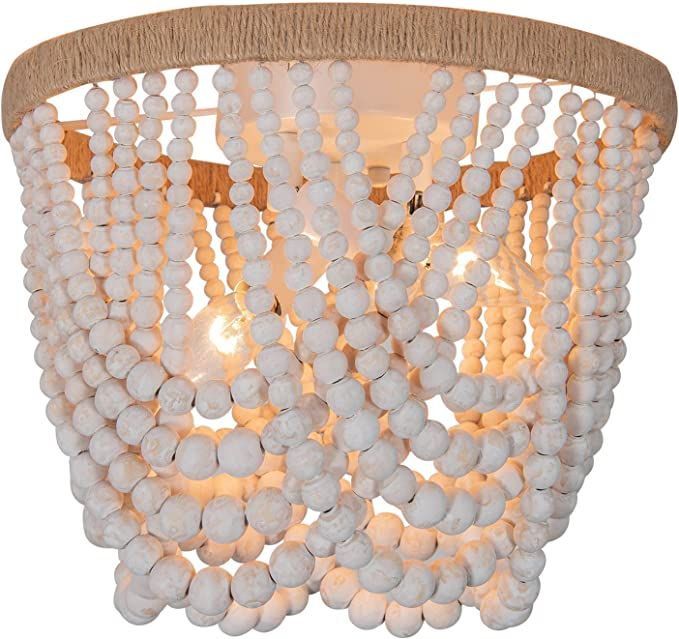 3-Light Boho Wood Beads Flush Mount Ceiling Light Fixture,Oak Finish Mini Chandelier for Bedroom,... | Amazon (US)