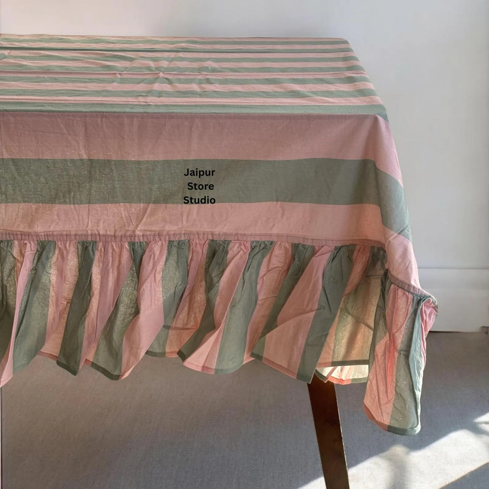 Striped Ruffled Tablecloth: Pink and Sage Green Cotton Table Cover - Etsy | Etsy (US)