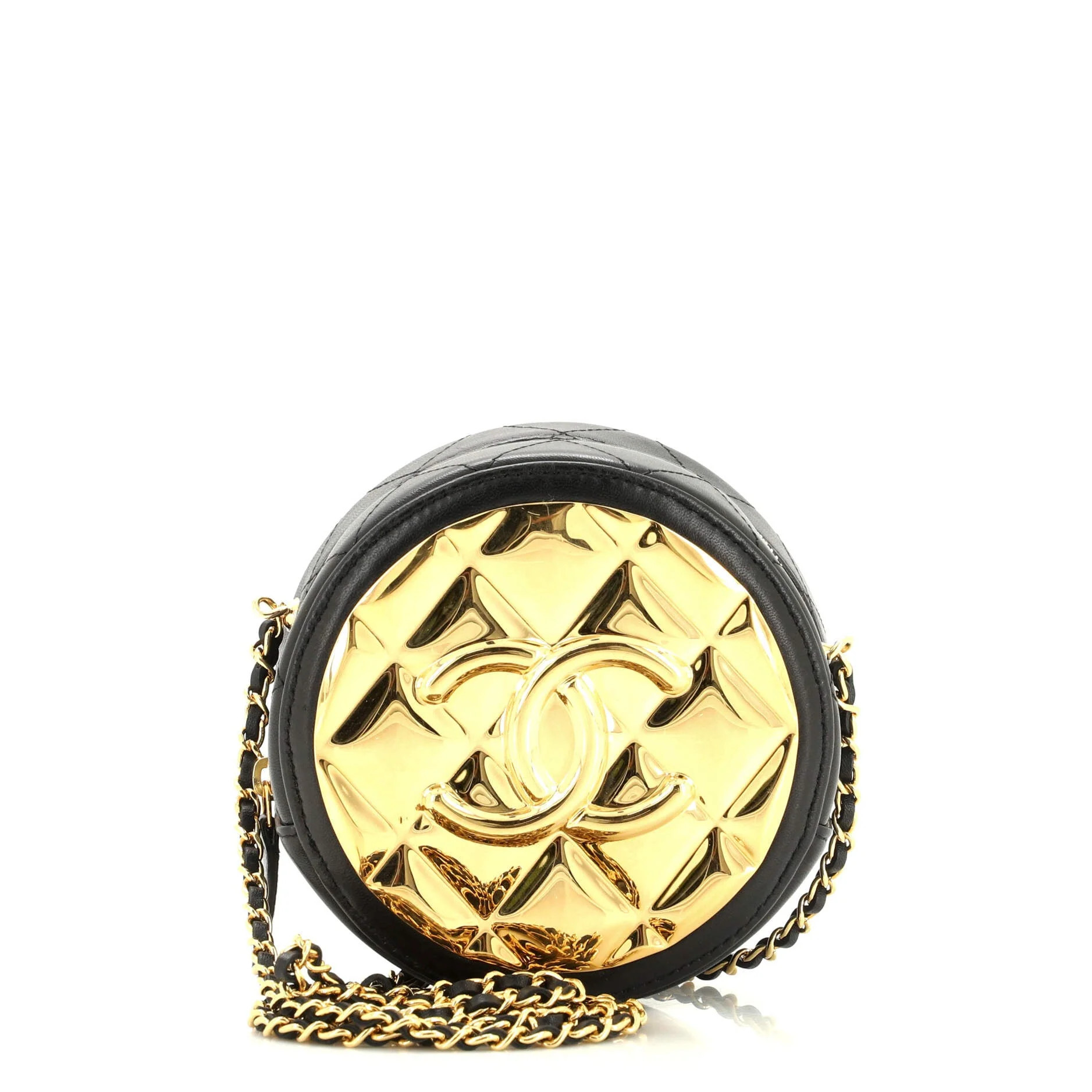Golden Plate Round Clutch with Chain Quilted Metal and Lambskin Mini | Shop Simon