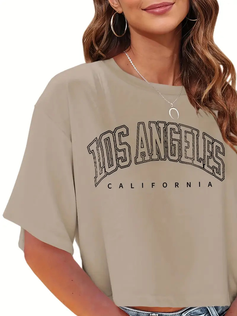 Letter Print Crop T shirt Crew Neck Short Sleeve T shirt - Temu | Temu Affiliate Program