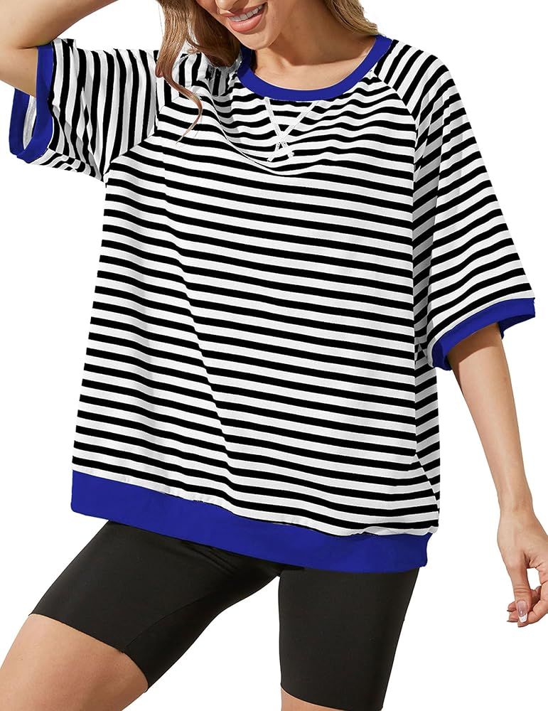 Women Oversized Striped Color Block T-Shirts Crew Neck Basic Short Sleeve Sweatshirt Casual Loose... | Amazon (US)