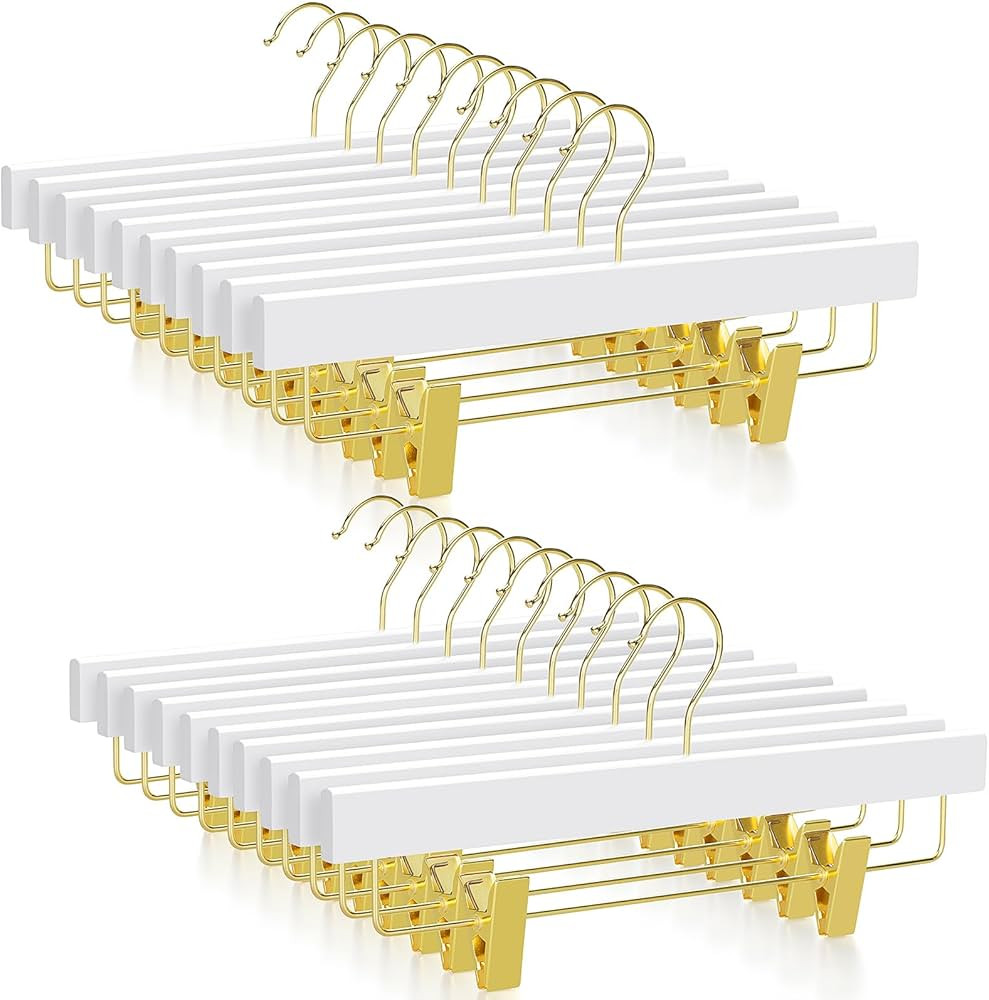 TOPIA HANGER White Wooden Pants Hangers with Gold Clip, 20 Pack Skirt Short Trousers Jeans Slacks... | Amazon (US)